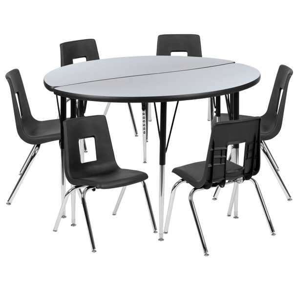 Emmy 47.5" Circle Wave Flexible Laminate Activity Table Set with 16" Student Stack Chairs, Grey/Black
