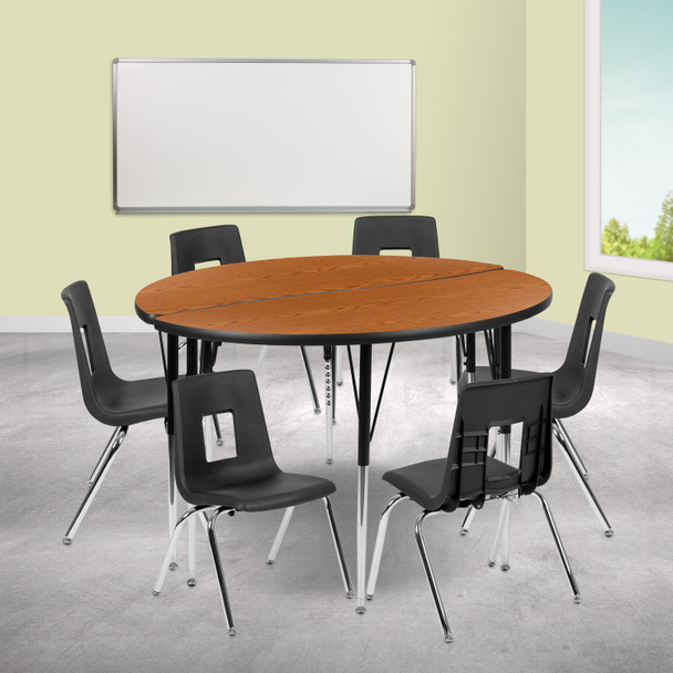 Emmy 47.5" Circle Wave Flexible Laminate Activity Table Set with 16" Student Stack Chairs, Oak/Black