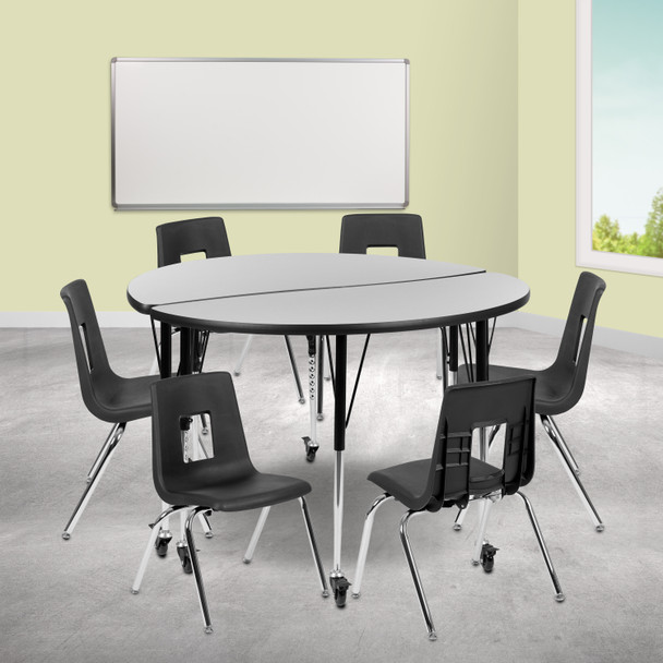 Emmy Mobile 47.5" Circle Wave Flexible Laminate Activity Table Set with 16" Student Stack Chairs, Grey/Black