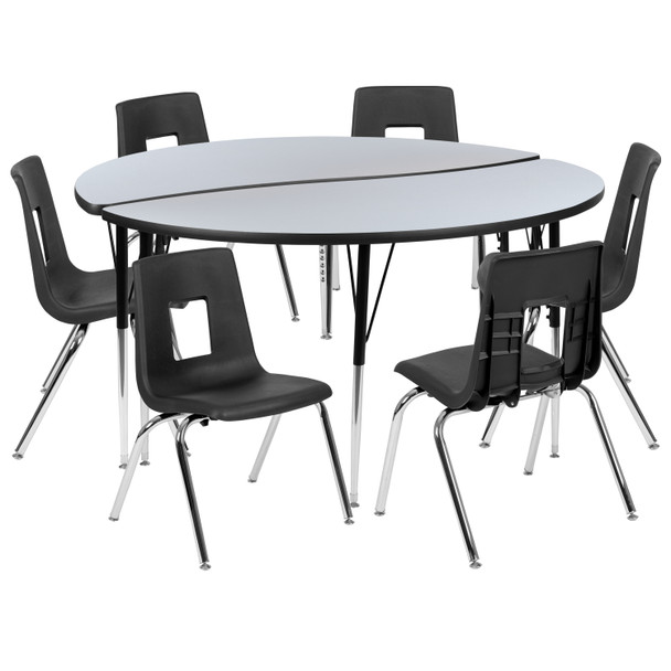 Emmy 60" Circle Wave Flexible Laminate Activity Table Set with 16" Student Stack Chairs, Grey/Black