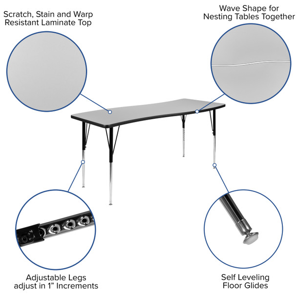 Emmy 86" Oval Wave Flexible Laminate Activity Table Set with 18" Student Stack Chairs, Grey/Black
