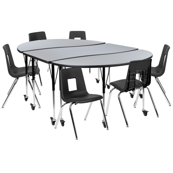 Emmy Mobile 86" Oval Wave Flexible Laminate Activity Table Set with 18" Student Stack Chairs, Grey/Black