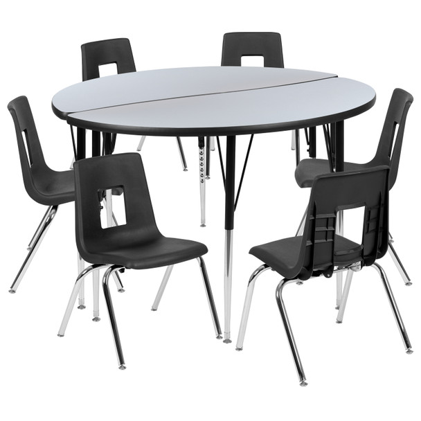 Emmy 47.5" Circle Wave Flexible Laminate Activity Table Set with 18" Student Stack Chairs, Grey/Black