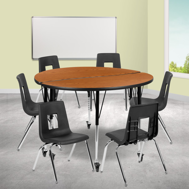 Emmy Mobile 47.5" Circle Wave Flexible Laminate Activity Table Set with 18" Student Stack Chairs, Oak/Black