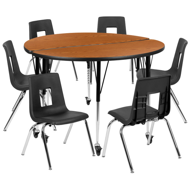 Emmy Mobile 47.5" Circle Wave Flexible Laminate Activity Table Set with 18" Student Stack Chairs, Oak/Black