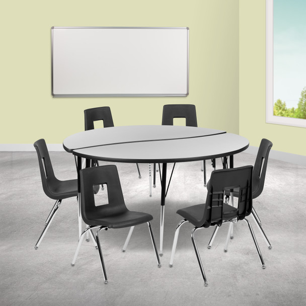 Emmy 60" Circle Wave Flexible Laminate Activity Table Set with 18" Student Stack Chairs, Grey/Black