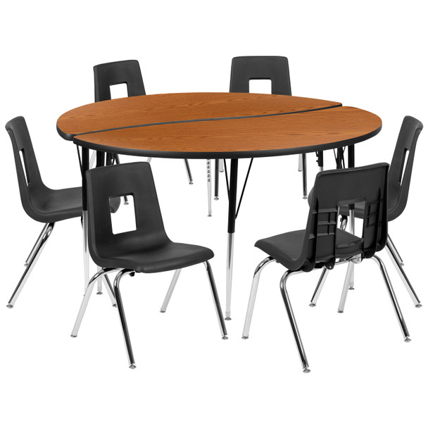 Emmy 60" Circle Wave Flexible Laminate Activity Table Set with 18" Student Stack Chairs, Oak/Black