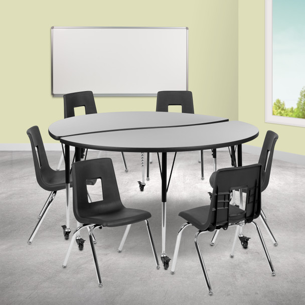 Emmy Mobile 60" Circle Wave Flexible Laminate Activity Table Set with 18" Student Stack Chairs, Grey/Black