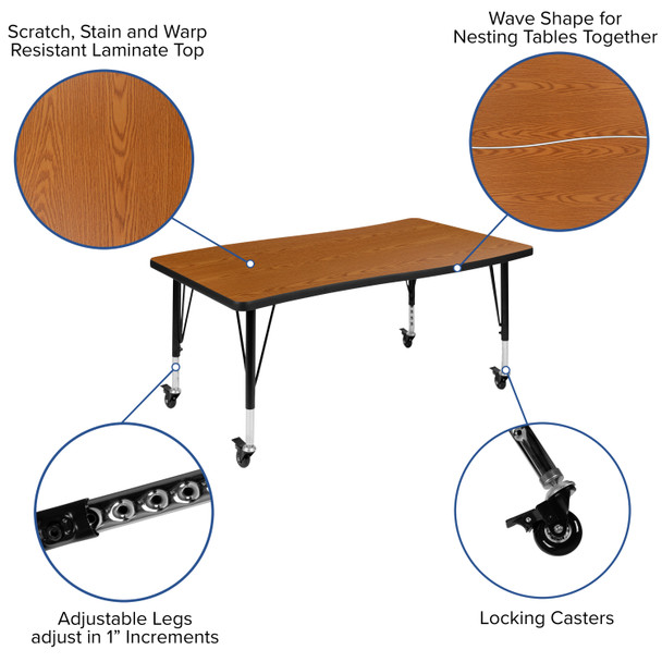 Emmy 3 Piece Mobile 76" Oval Wave Flexible Oak Thermal Laminate Activity Table Set - Height Adjustable Short Legs