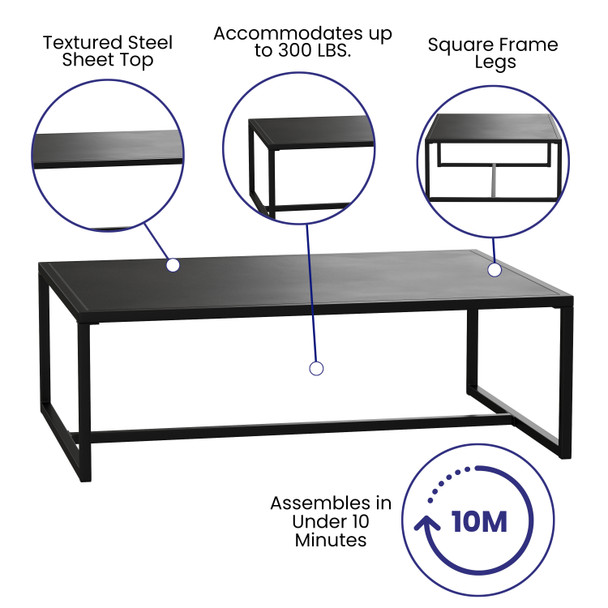 Brock Outdoor Patio Coffee Table Commercial Grade Black Coffee Table for Deck, Porch, or Poolside - Steel Square Leg Frame