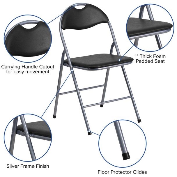 HERCULES Series Black Vinyl Metal Folding Chair with Carrying Handle