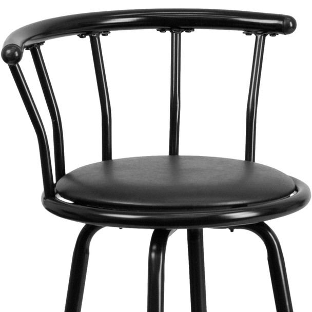 Charla Crown Back Black Metal Barstool with Black Vinyl Swivel Seat