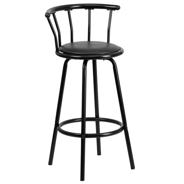 Charla Crown Back Black Metal Barstool with Black Vinyl Swivel Seat