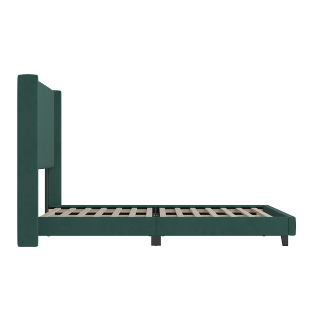 Bianca King Upholstered Platform Bed with Vertical Stitched Wingback Headboard, Slatted Mattress Foundation, No Box Spring Needed, Emerald Velvet