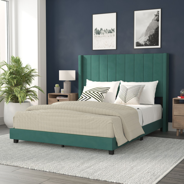 Bianca Queen Upholstered Platform Bed with Vertical Stitched Wingback Headboard, Slatted Mattress Foundation, No Box Spring Needed, Emerald Velvet