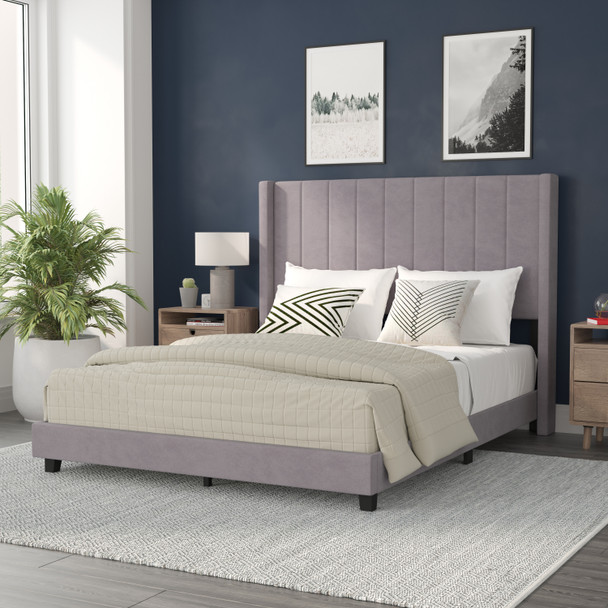 Bianca Queen Upholstered Platform Bed with Vertical Stitched Wingback Headboard, Slatted Mattress Foundation, No Box Spring Needed, Gray Velvet