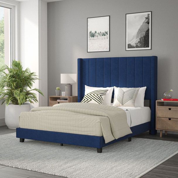 Bianca Full Upholstered Platform Bed with Vertical Stitched Wingback Headboard, Slatted Mattress Foundation, No Box Spring Needed, Navy Velvet