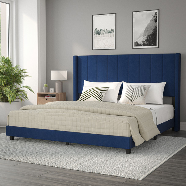 Bianca King Upholstered Platform Bed with Vertical Stitched Wingback Headboard, Slatted Mattress Foundation, No Box Spring Needed, Navy Velvet