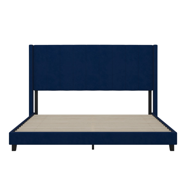 Bianca King Upholstered Platform Bed with Vertical Stitched Wingback Headboard, Slatted Mattress Foundation, No Box Spring Needed, Navy Velvet