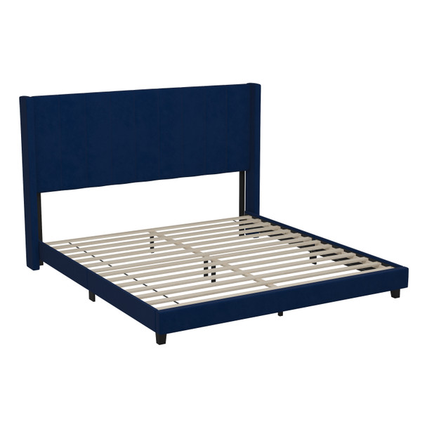 Bianca King Upholstered Platform Bed with Vertical Stitched Wingback Headboard, Slatted Mattress Foundation, No Box Spring Needed, Navy Velvet