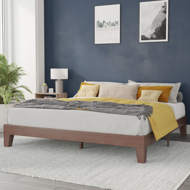 Evelyn Walnut Finish Wood King Platform Bed with Wooden Support Slats, No Box Spring Required