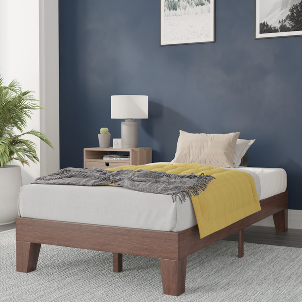 Evelyn Walnut Finish Wood Twin Platform Bed with Wooden Support Slats, No Box Spring Required