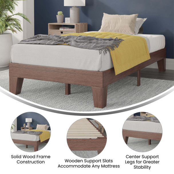 Evelyn Walnut Finish Wood Twin Platform Bed with Wooden Support Slats, No Box Spring Required