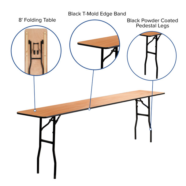 Gael 8-Foot Rectangular Wood Folding Training / Seminar Table with Smooth Clear Coated Finished Top