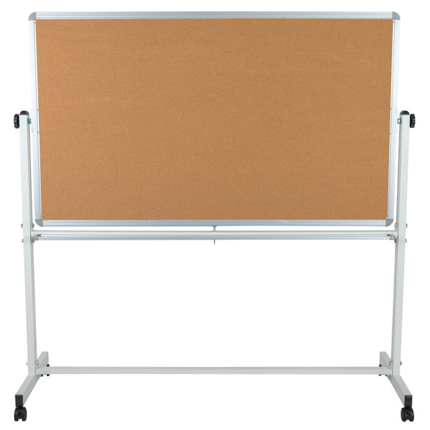 HERCULES Series 62.5"W x 62.25"H Reversible Mobile Cork Bulletin Board and White Board with Pen Tray