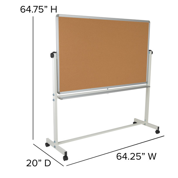 HERCULES Series 64.25"W x 64.75"H Reversible Mobile Cork Bulletin Board and White Board with Pen Tray