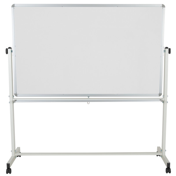 HERCULES Series 64.25"W x 64.75"H Reversible Mobile Cork Bulletin Board and White Board with Pen Tray