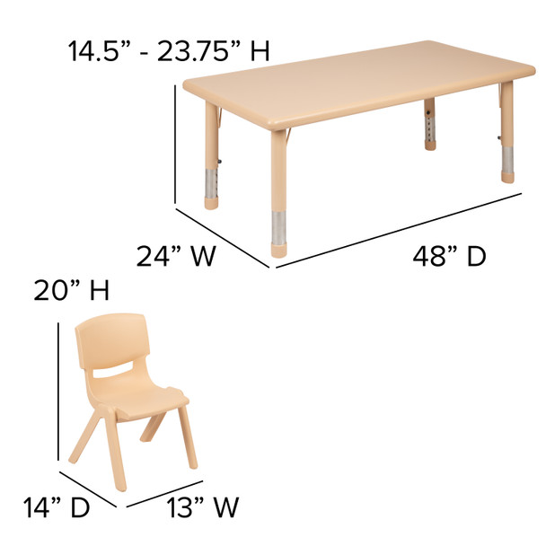 Emmy 24"W x 48"L Rectangular Natural Plastic Height Adjustable Activity Table Set with 6 Chairs