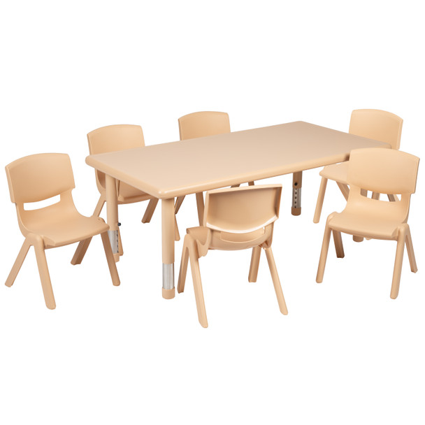 Emmy 24"W x 48"L Rectangular Natural Plastic Height Adjustable Activity Table Set with 6 Chairs