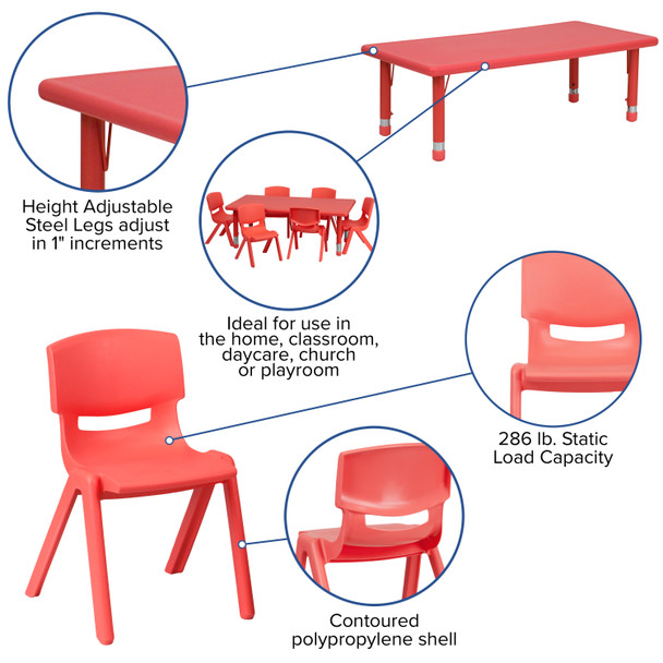 Emmy 24''W x 48''L Rectangular Red Plastic Height Adjustable Activity Table Set with 6 Chairs