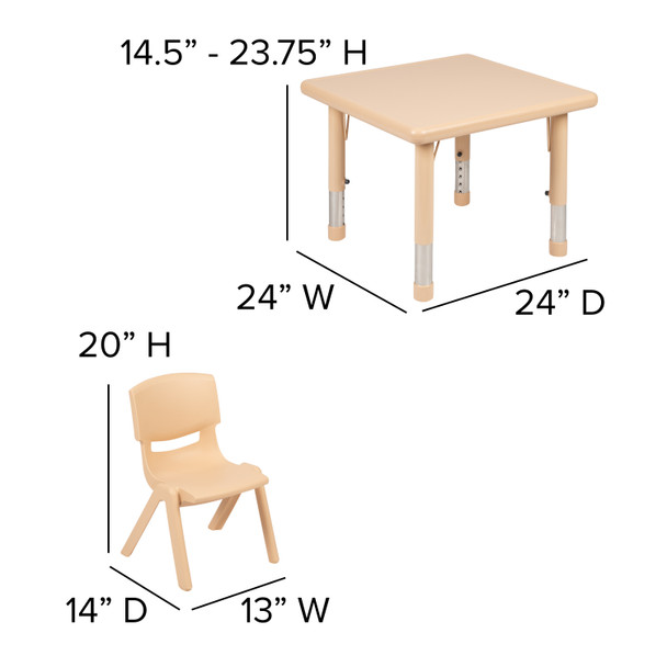 Emmy 24" Square Natural Plastic Height Adjustable Activity Table Set with 4 Chairs
