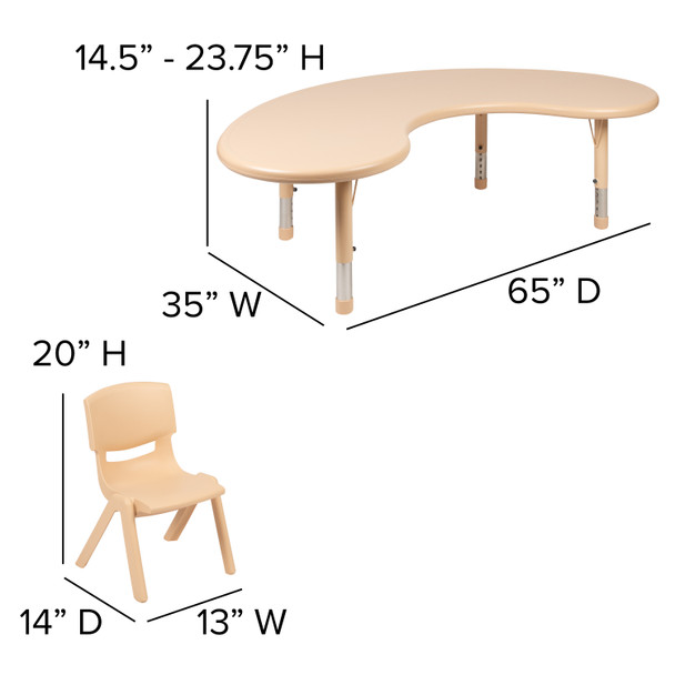 Emmy 35"W x 65"L Half-Moon Natural Plastic Height Adjustable Activity Table Set with 4 Chairs