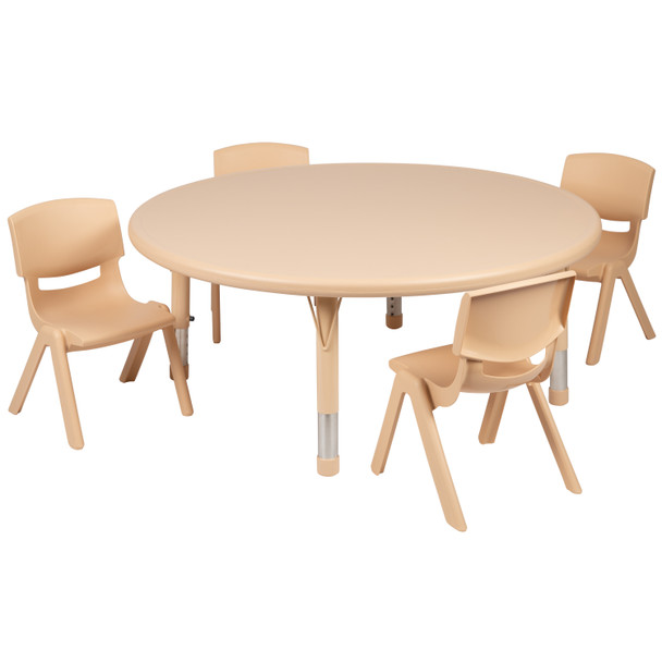 Emmy 45" Round Natural Plastic Height Adjustable Activity Table Set with 4 Chairs