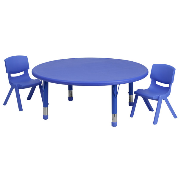 Emmy 45'' Round Blue Plastic Height Adjustable Activity Table Set with 2 Chairs