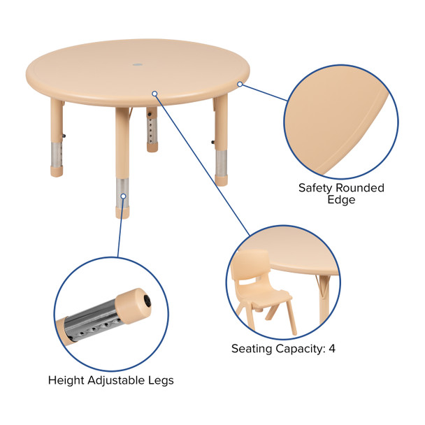 Emmy 33" Round Natural Plastic Height Adjustable Activity Table Set with 4 Chairs