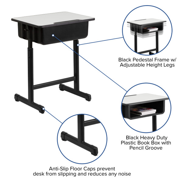 Billie Student Desk with Grey Top and Adjustable Height Black Pedestal Frame