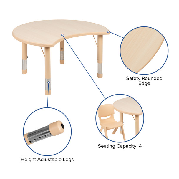 Emmy 25.125"W x 35.5"L Crescent Natural Plastic Height Adjustable Activity Table Set with 2 Chairs