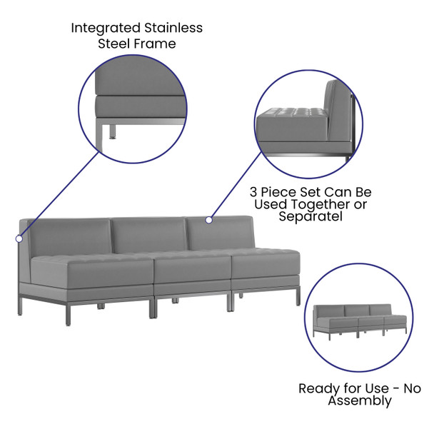 HERCULES Imagination Series 3 Piece Gray LeatherSoft Waiting Room Lounge Set - Reception Bench