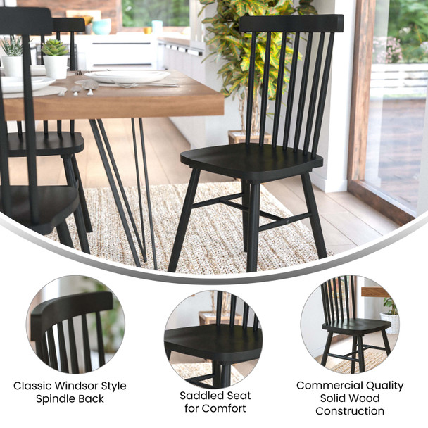Ingrid Set of 2 Commercial Grade Windsor Dining Chairs, Solid Wood Armless Spindle Back Restaurant Dining Chairs in Black