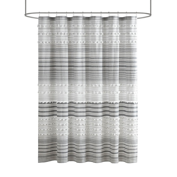 Grey & White Cotton Yarn Dye Shower Curtain with Pom Poms - 70x72" (Calum -Grey - Shower)