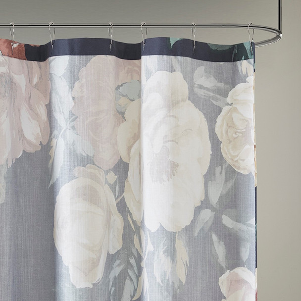 Navy Blue & Blush Pink Floral Print Cotton Fabric Shower Curtain- 72x72" (Charisma -Navy - Shower)