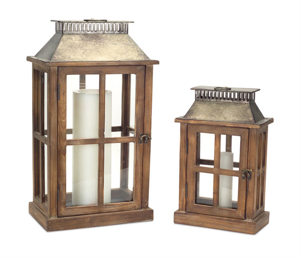 Lanterns (Set of 2) 13.5"H, 20"H Wood/Metal/Glass - 66425