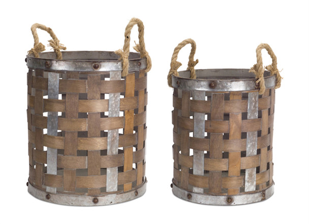 Pail with Rope Handle (Set of 2) 15.5"H, 18"H Wood/Metal - 70707