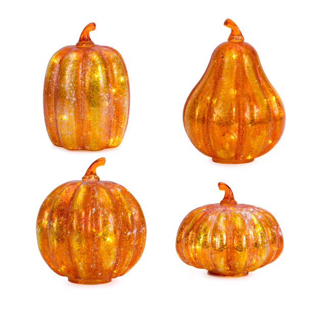 LED Pumpkin (Set of 4) 6.25"H, 7.75"H, 7.75"H, 9.25"H Glass 6 Hr Timer 3 AAA Batteries Not Included - 83342