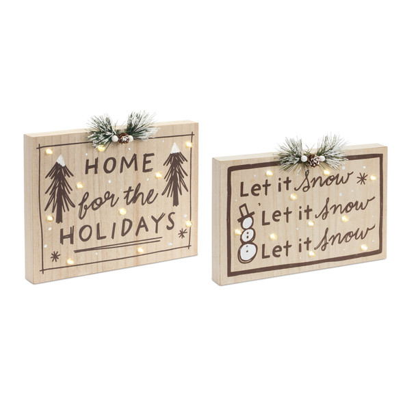LED Holiday and Snow Sign (Set of 2) 12"L x 8"H, 12"L x 9.25"H MDF 3 AAA Batteries Not Included - 83933