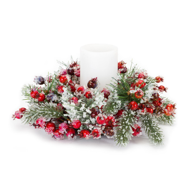 Iced Pine and Berry Candle Ring (Set of 6) 12"D Plastic (Fits a 4" Candle) - 84571
